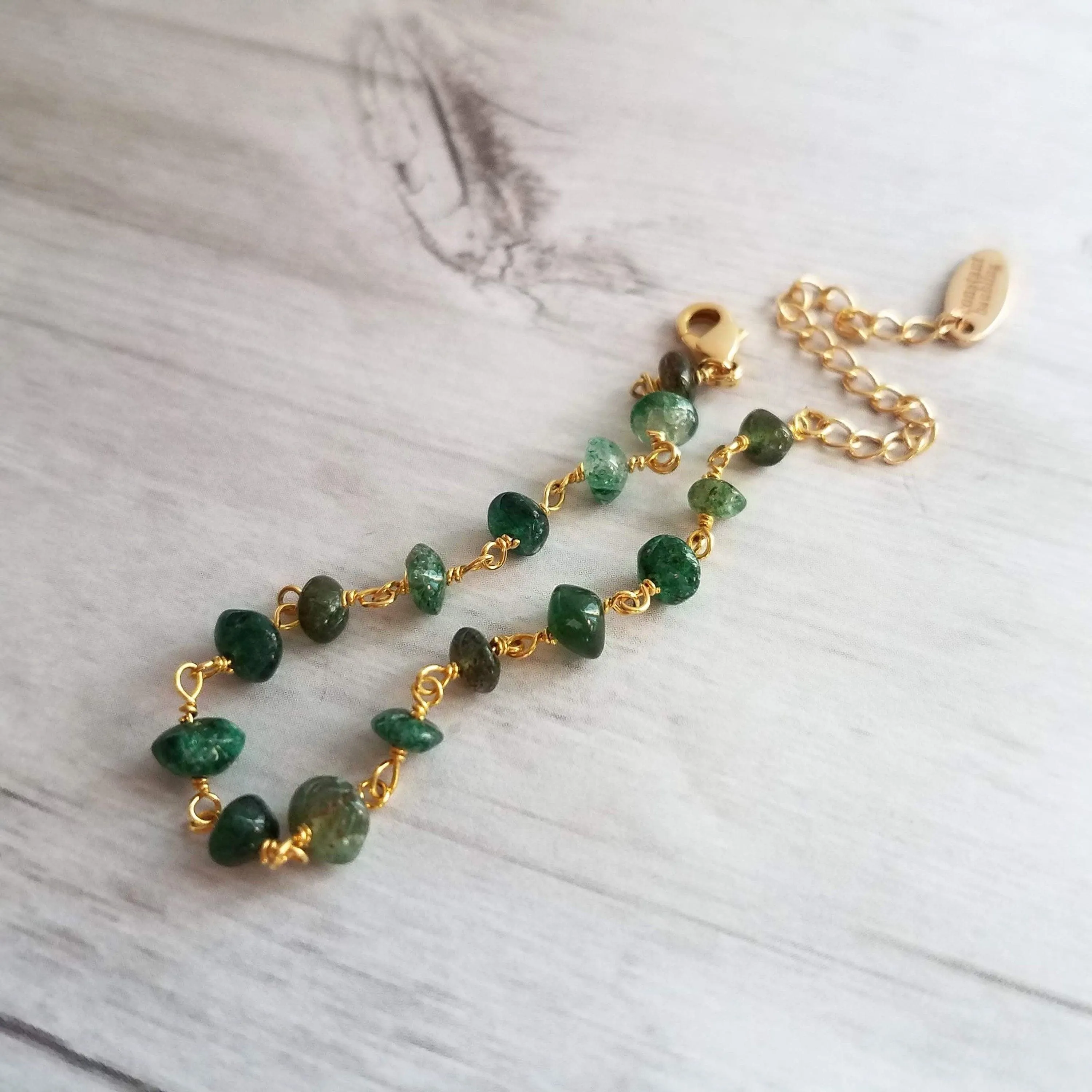 Green Aventurine Bracelet- small semi precious stones w/ adjustable gold chain, light - dark emerald color quartz gemstone rock, Aries & Leo