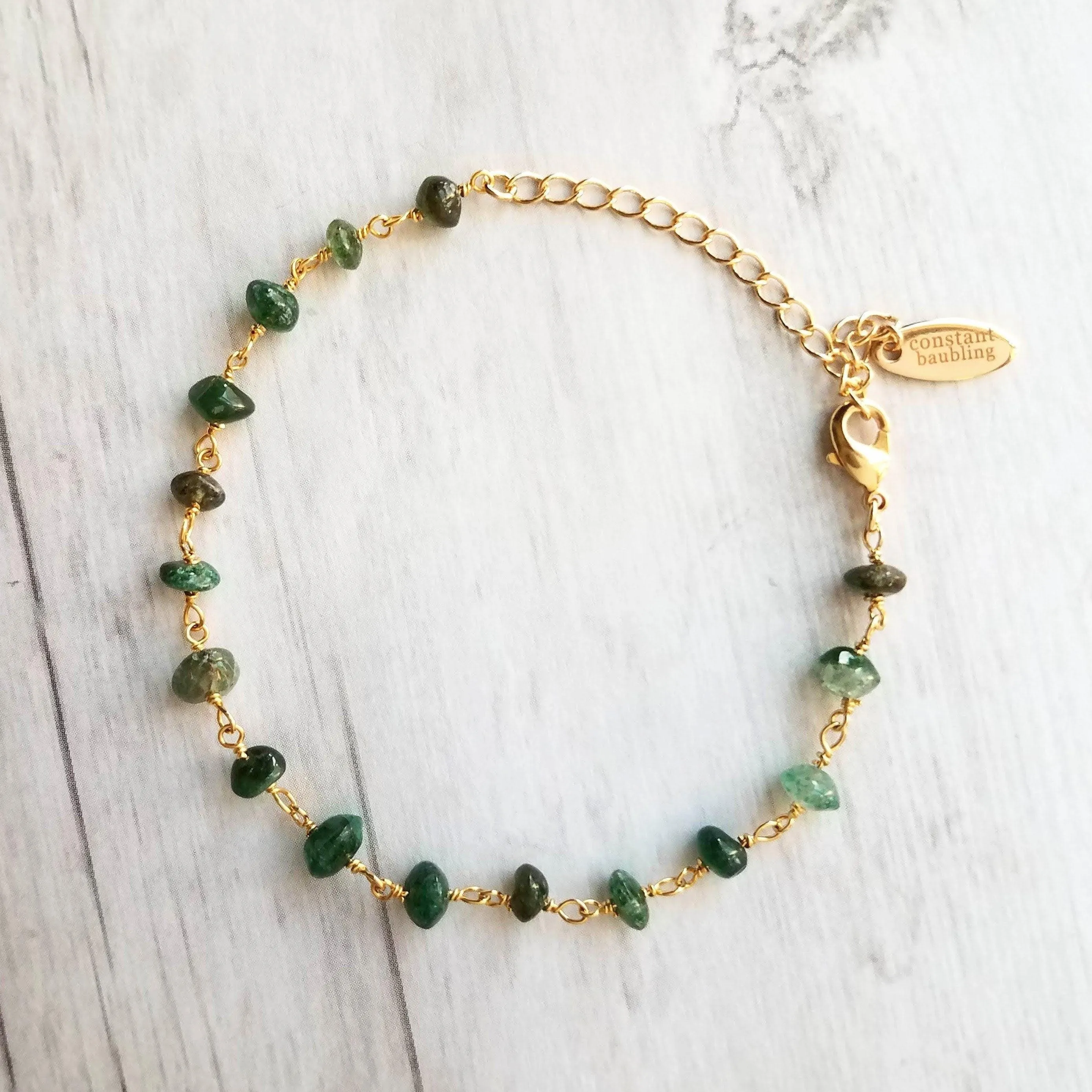 Green Aventurine Bracelet- small semi precious stones w/ adjustable gold chain, light - dark emerald color quartz gemstone rock, Aries & Leo