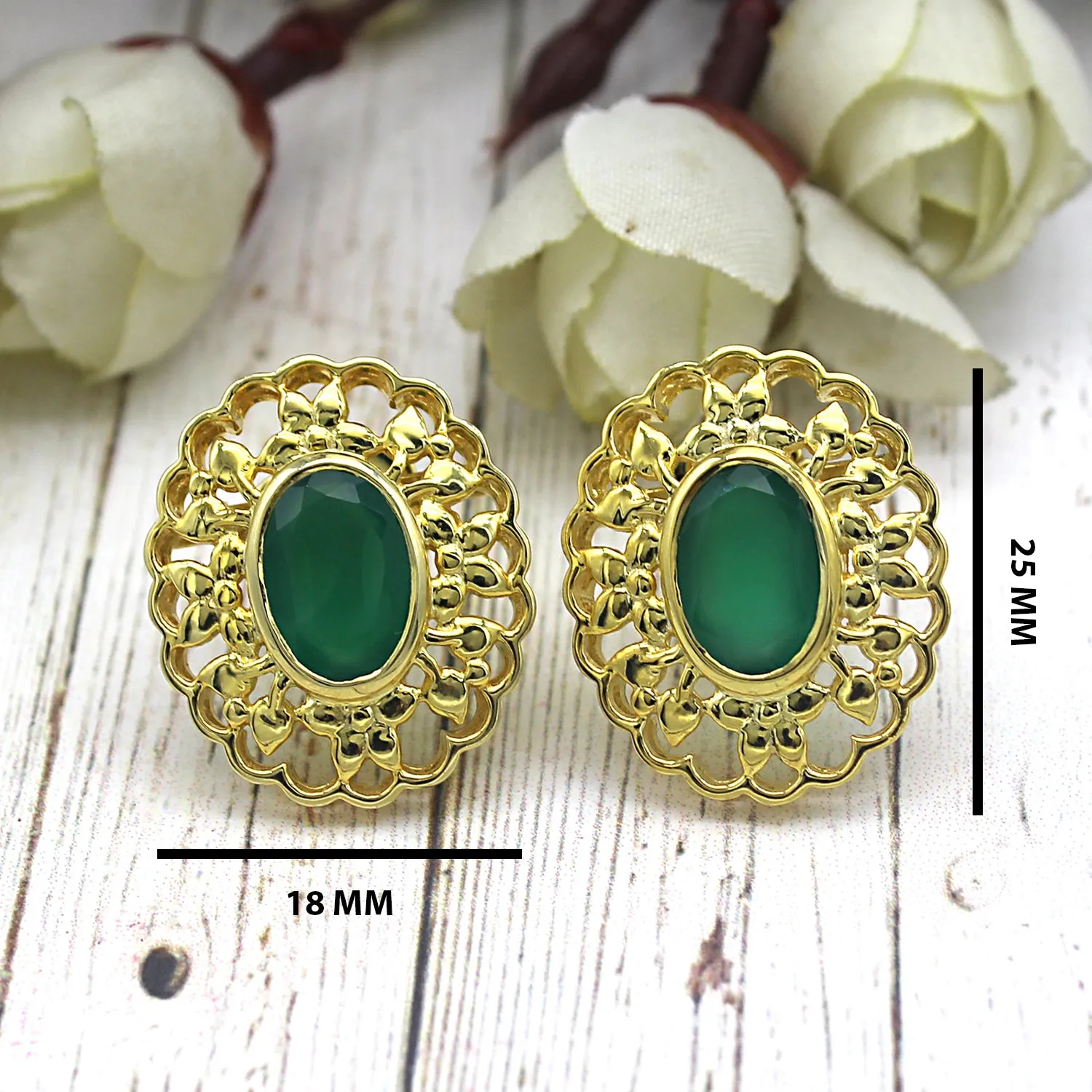 Green Onyx 22kt Gold Plated Silver Stud Designer Filligree Work Studs