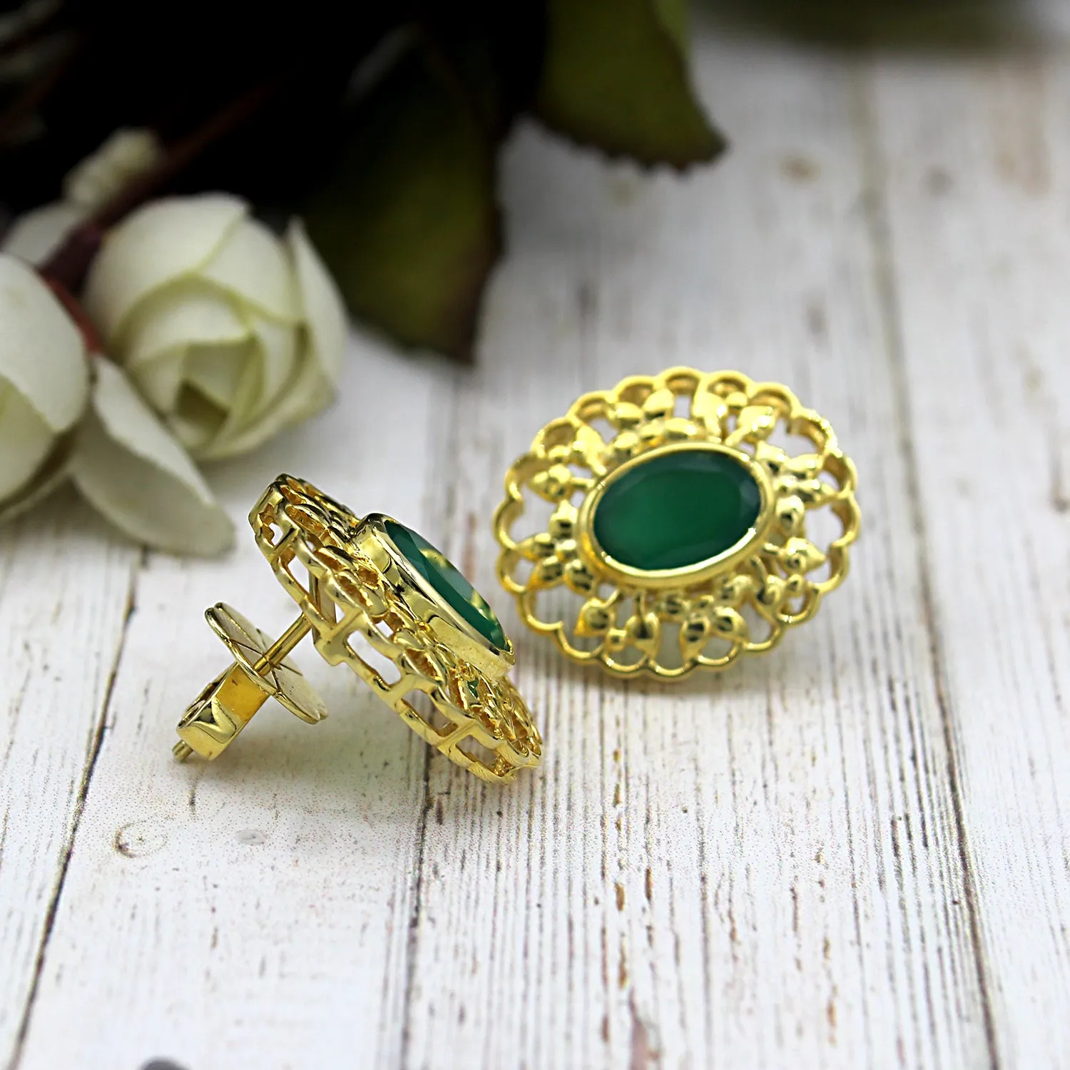 Green Onyx 22kt Gold Plated Silver Stud Designer Filligree Work Studs