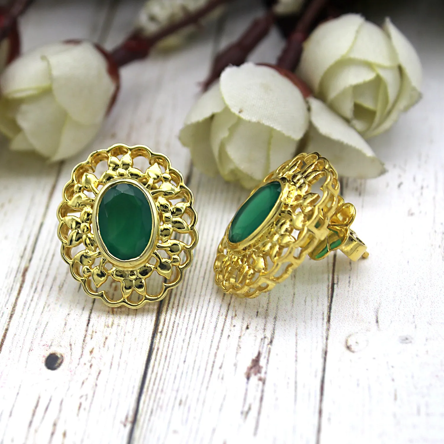 Green Onyx 22kt Gold Plated Silver Stud Designer Filligree Work Studs