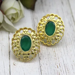 Green Onyx 22kt Gold Plated Silver Stud Designer Filligree Work Studs