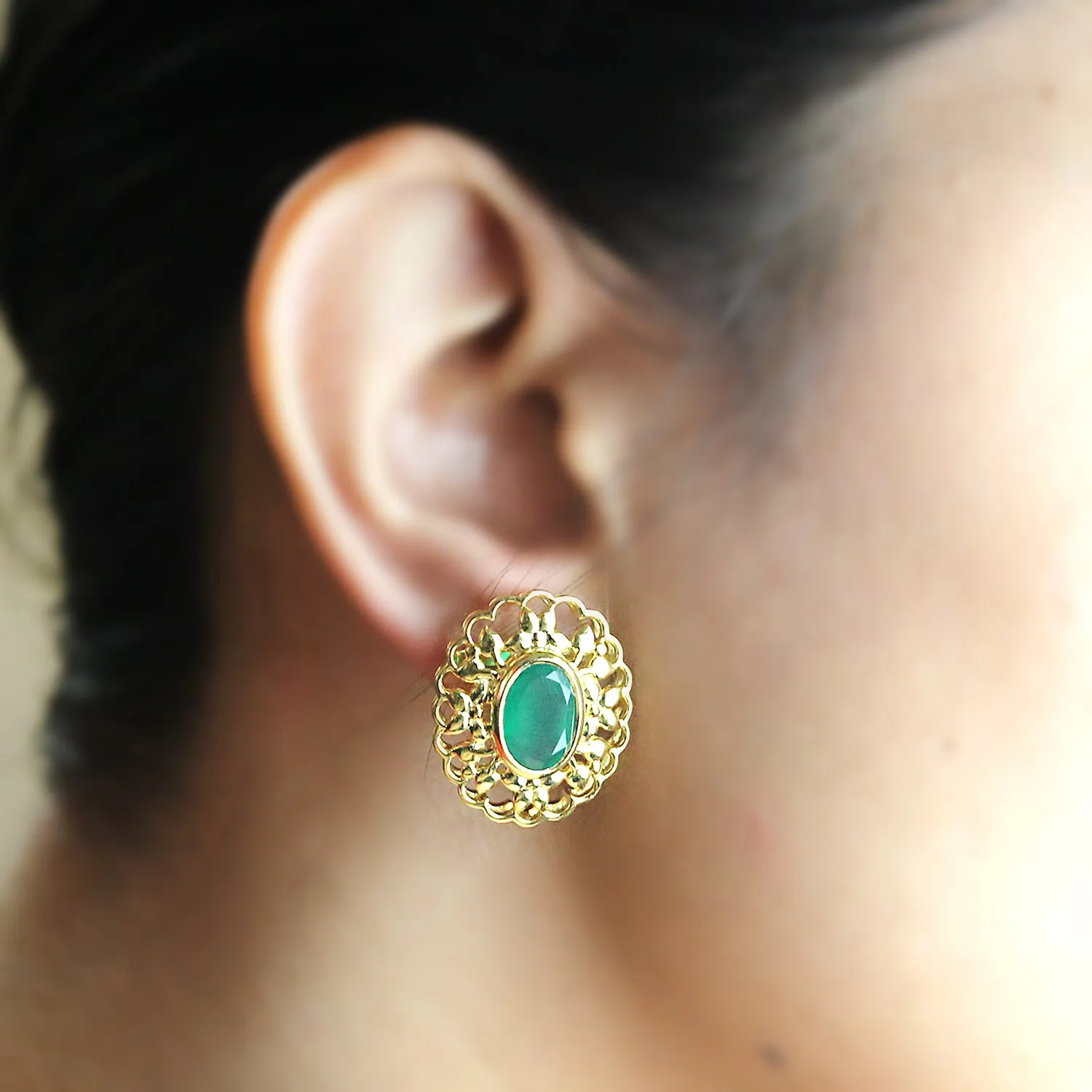 Green Onyx 22kt Gold Plated Silver Stud Designer Filligree Work Studs