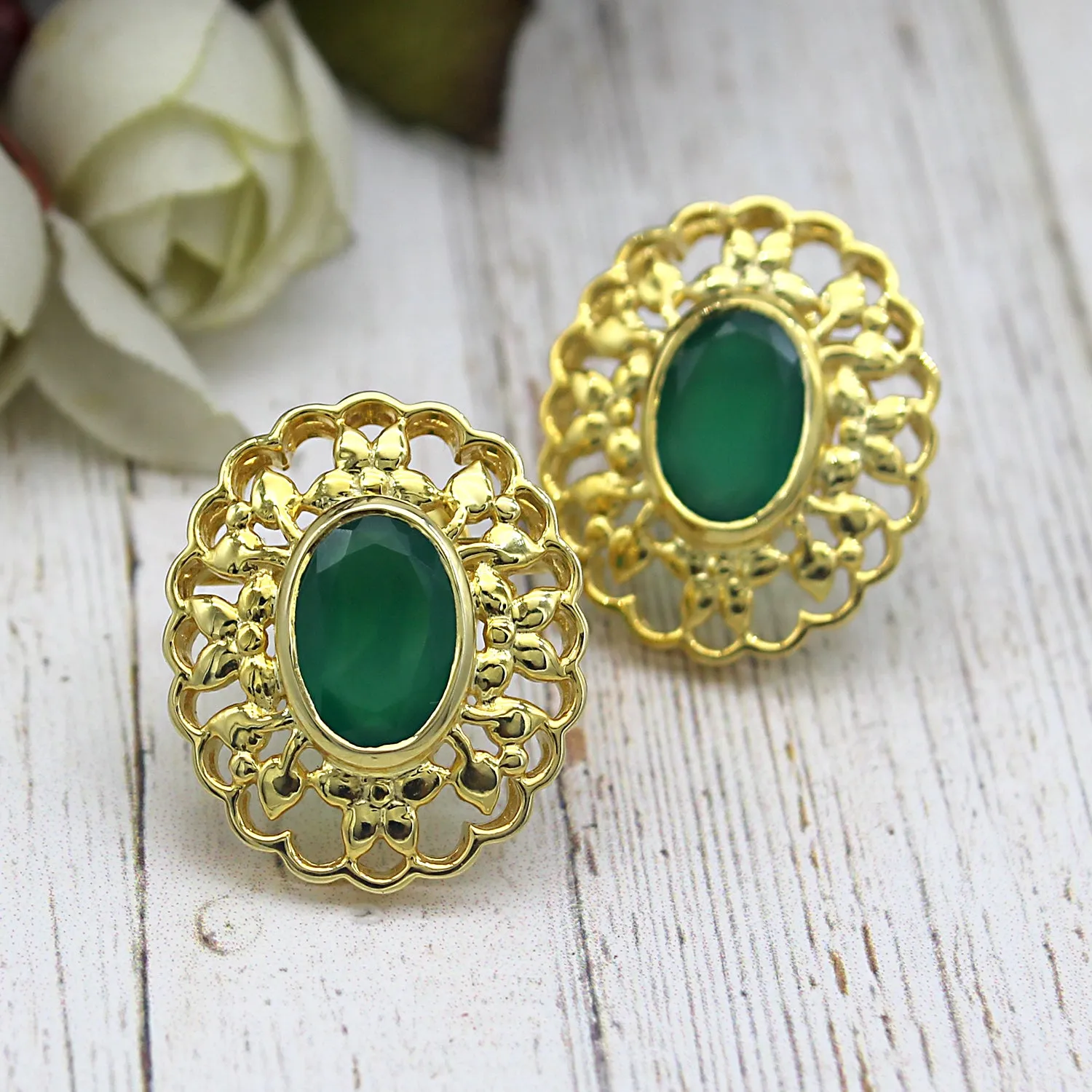 Green Onyx 22kt Gold Plated Silver Stud Designer Filligree Work Studs