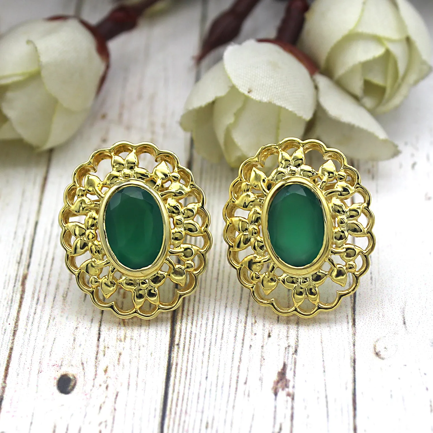 Green Onyx 22kt Gold Plated Silver Stud Designer Filligree Work Studs