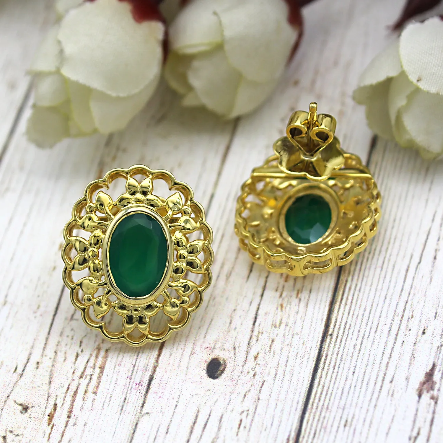 Green Onyx 22kt Gold Plated Silver Stud Designer Filligree Work Studs