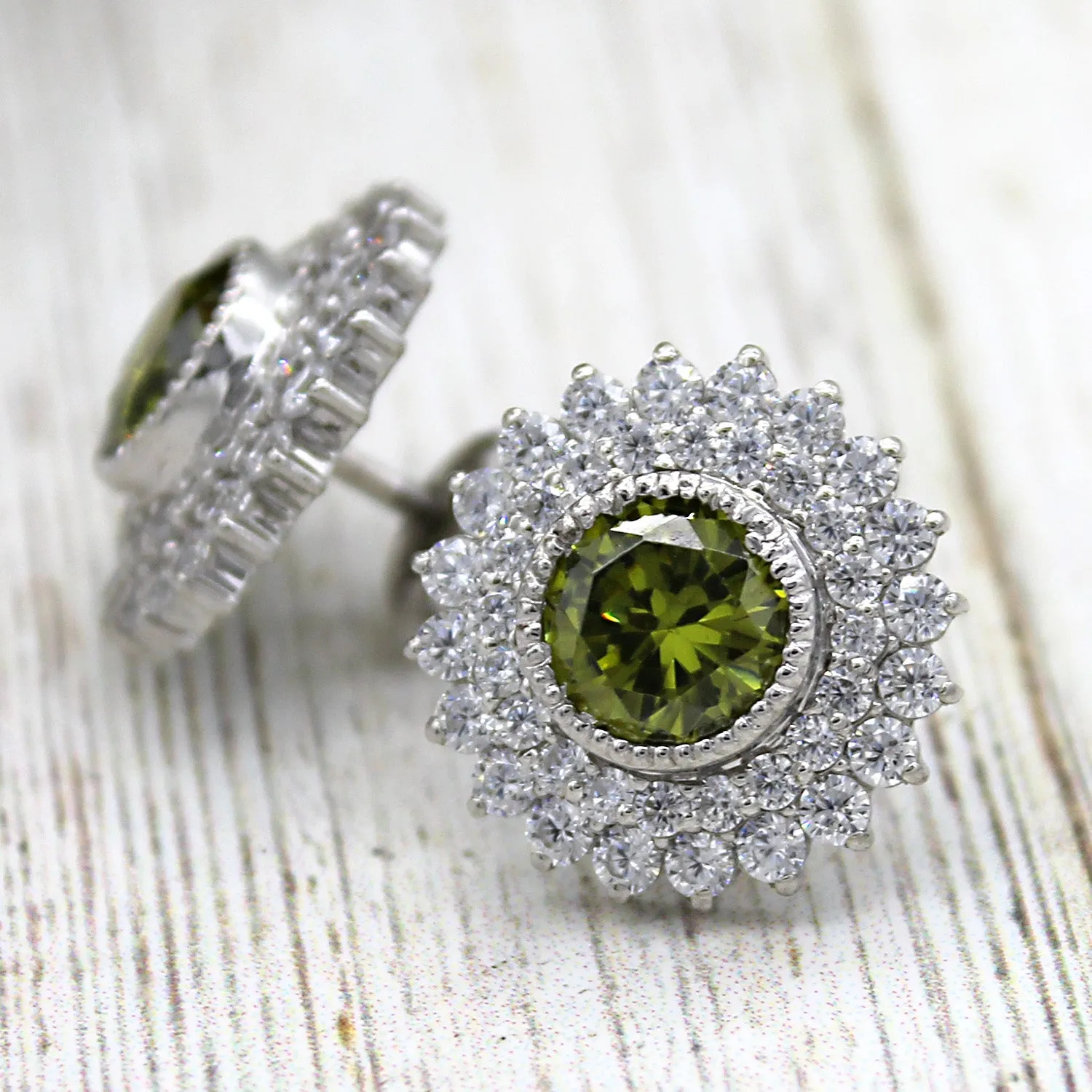 Green Swarovski August Birthstone Double Halo Stud Earrings