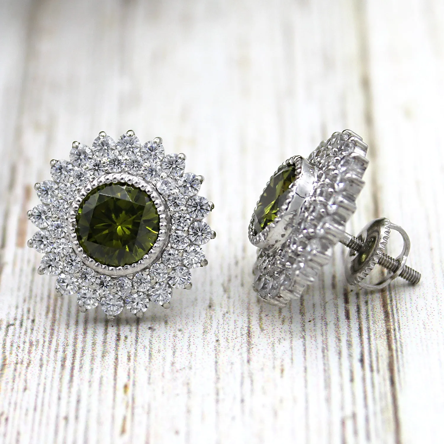 Green Swarovski August Birthstone Double Halo Stud Earrings