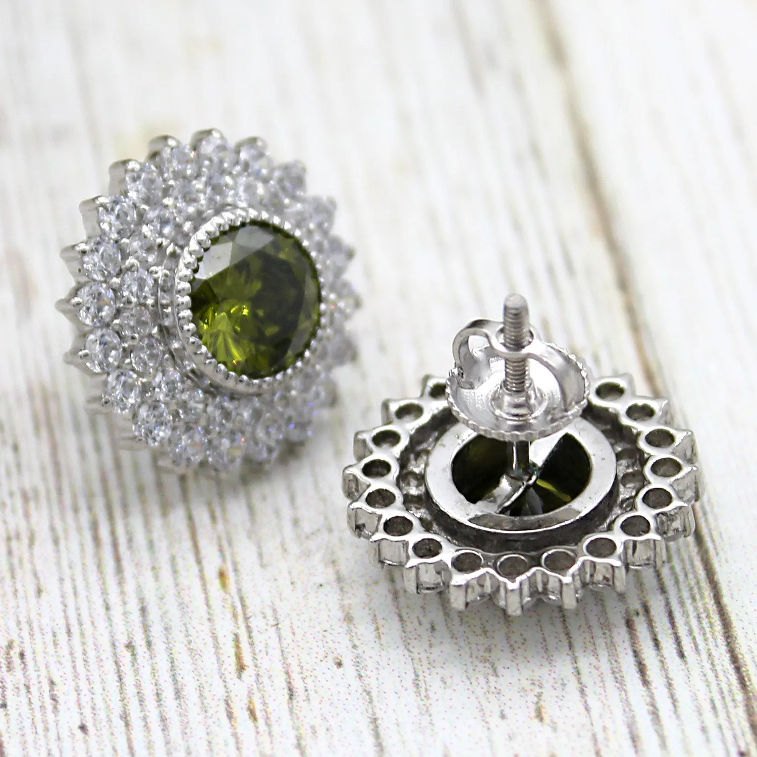 Green Swarovski August Birthstone Double Halo Stud Earrings