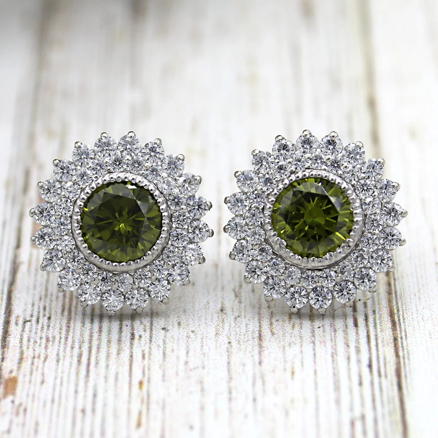 Green Swarovski August Birthstone Double Halo Stud Earrings