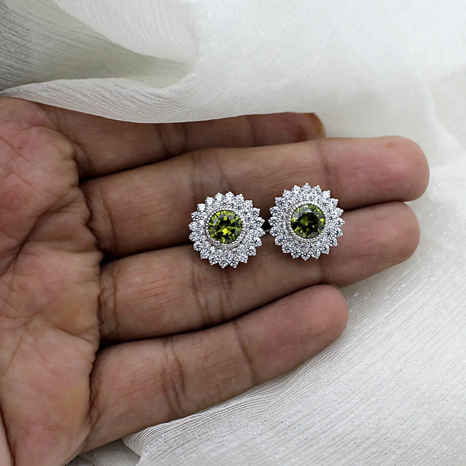 Green Swarovski August Birthstone Double Halo Stud Earrings