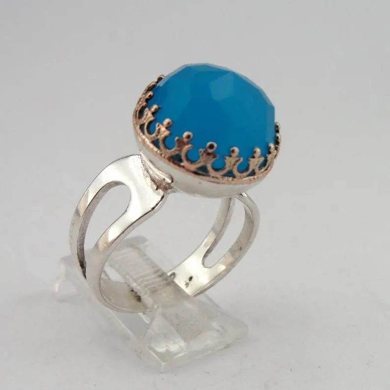 Hadar Designers Blue Ocean Quartz Ring size 8, 8.5 Handmade 925 Silver (H)SALE