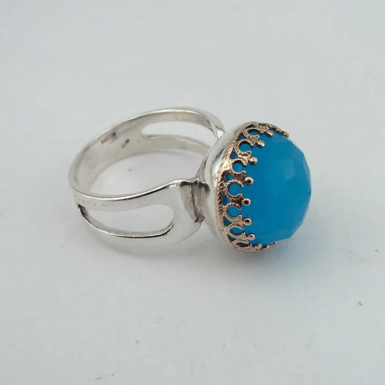 Hadar Designers Blue Ocean Quartz Ring size 8, 8.5 Handmade 925 Silver (H)SALE
