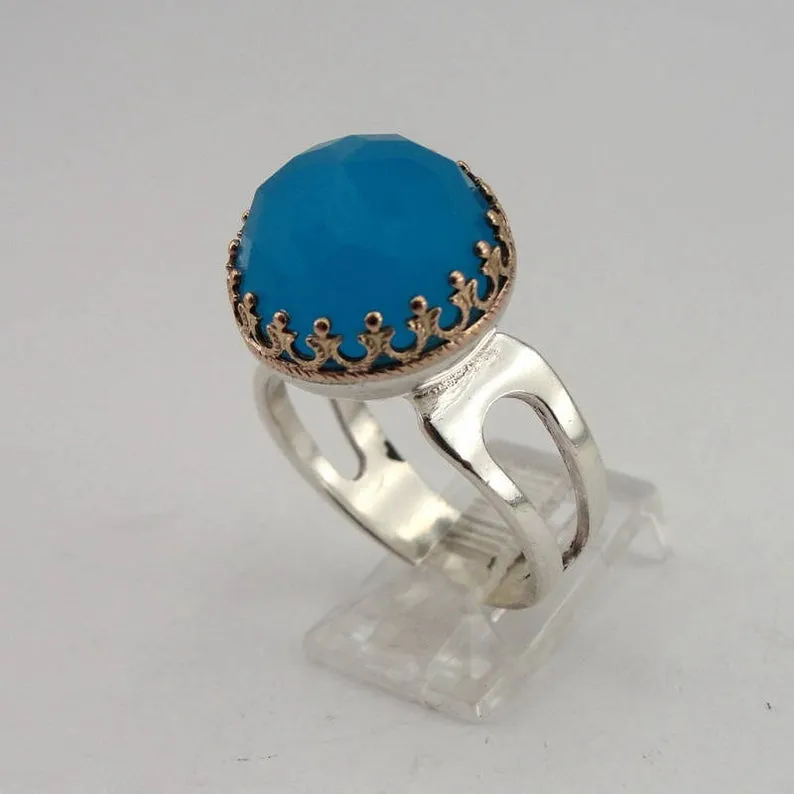 Hadar Designers Blue Ocean Quartz Ring size 8, 8.5 Handmade 925 Silver (H)SALE