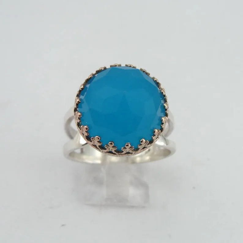 Hadar Designers Blue Ocean Quartz Ring size 8, 8.5 Handmade 925 Silver (H)SALE