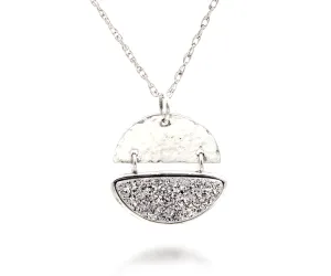 Half Moon Platinum Druzy Hammered Silver Necklace