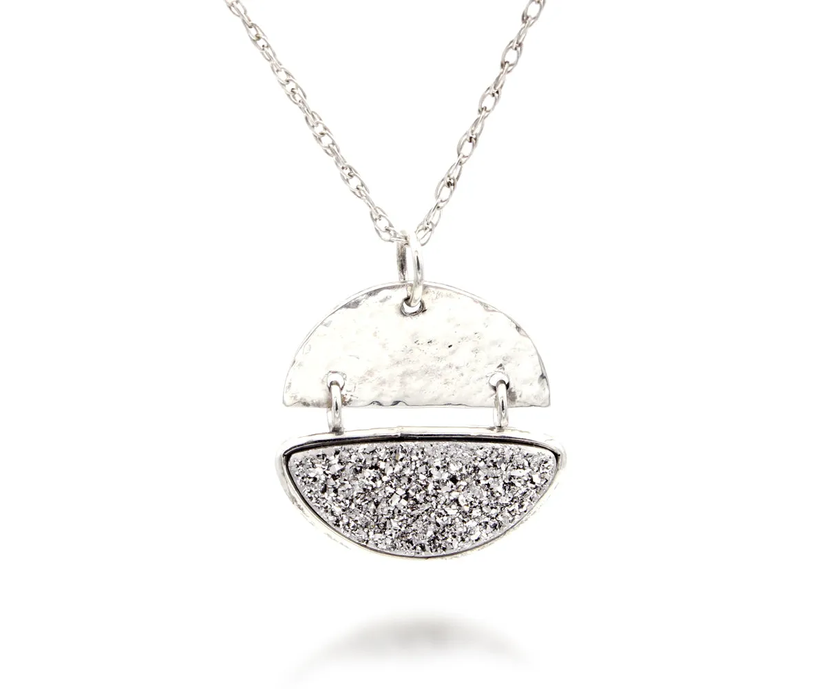 Half Moon Platinum Druzy Hammered Silver Necklace