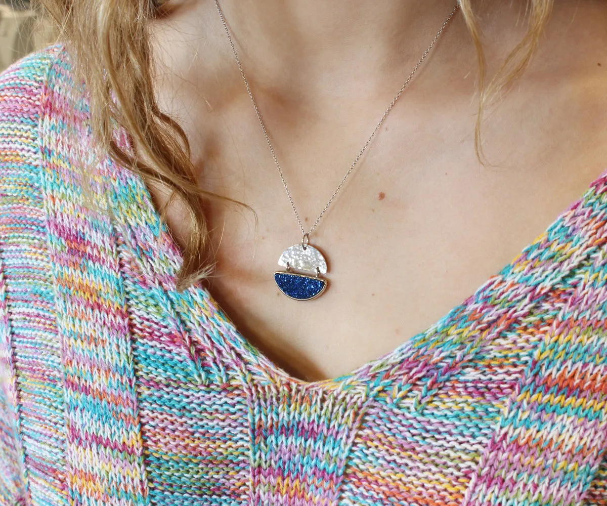 Half Moon Platinum Druzy Hammered Silver Necklace