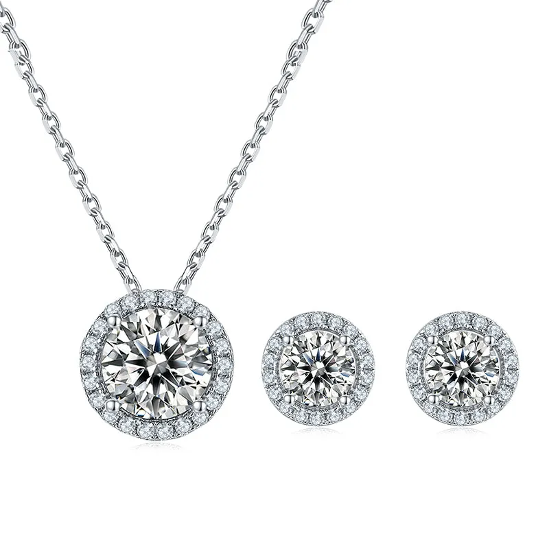 Halo Round 2ctw. Moissanite Stud Earrings and 2ct Moissanite Pendant Necklace Jewelry Sets