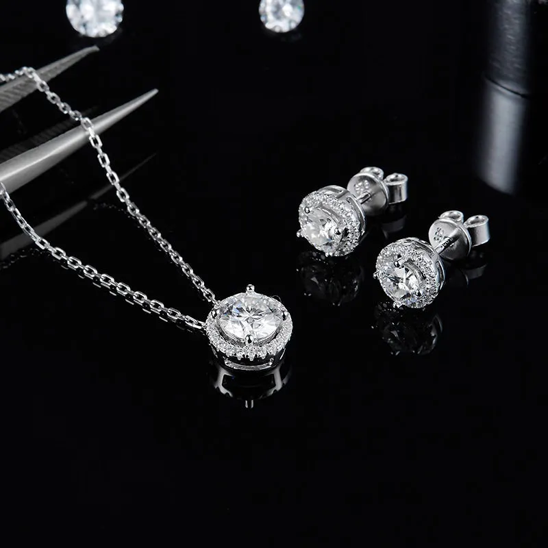Halo Round 2ctw. Moissanite Stud Earrings and 2ct Moissanite Pendant Necklace Jewelry Sets