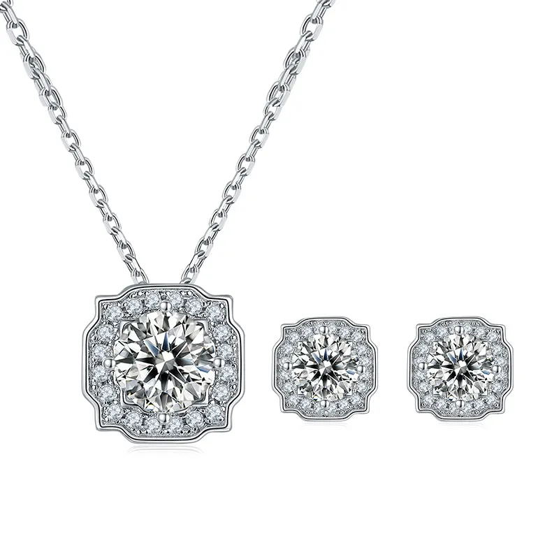 Halo Round 2ctw. Moissanite Stud Earrings and 2ct Moissanite Pendant Necklace Jewelry Sets