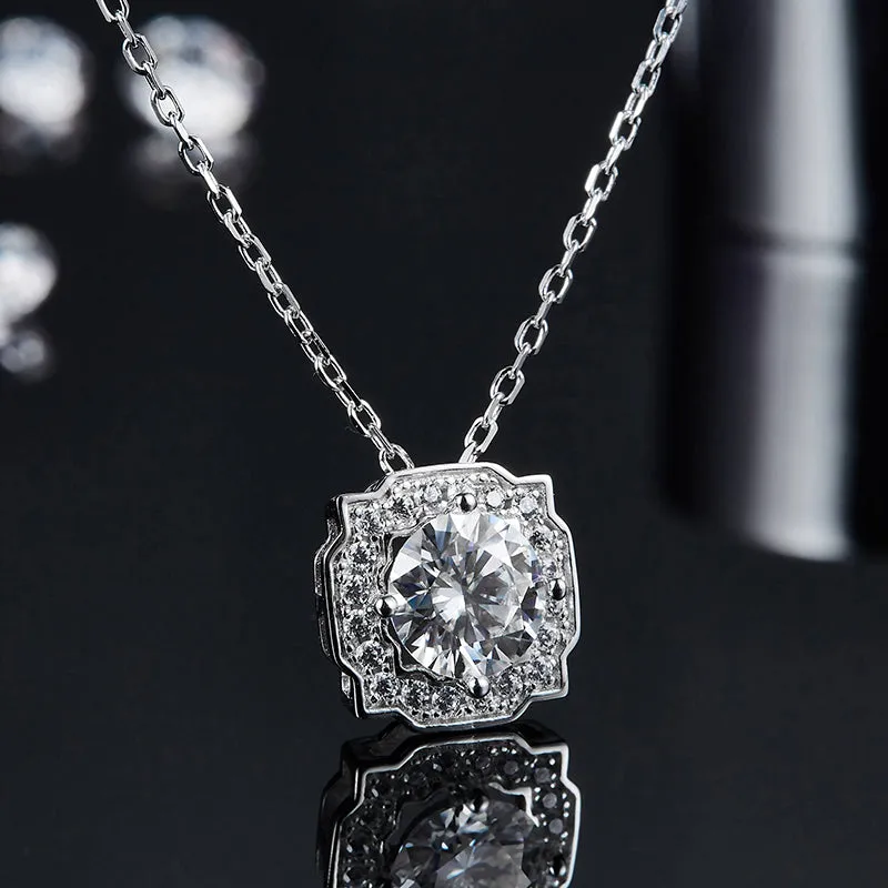 Halo Round 2ctw. Moissanite Stud Earrings and 2ct Moissanite Pendant Necklace Jewelry Sets