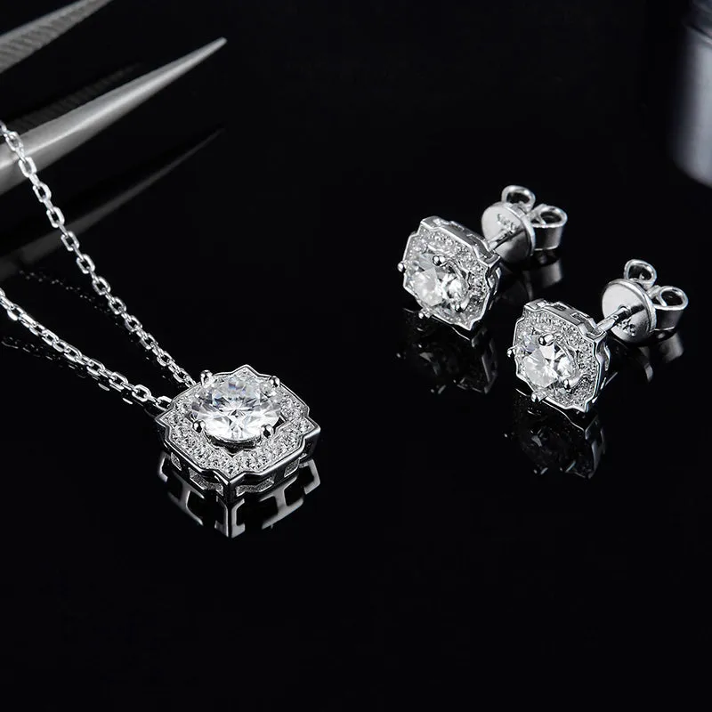 Halo Round 2ctw. Moissanite Stud Earrings and 2ct Moissanite Pendant Necklace Jewelry Sets