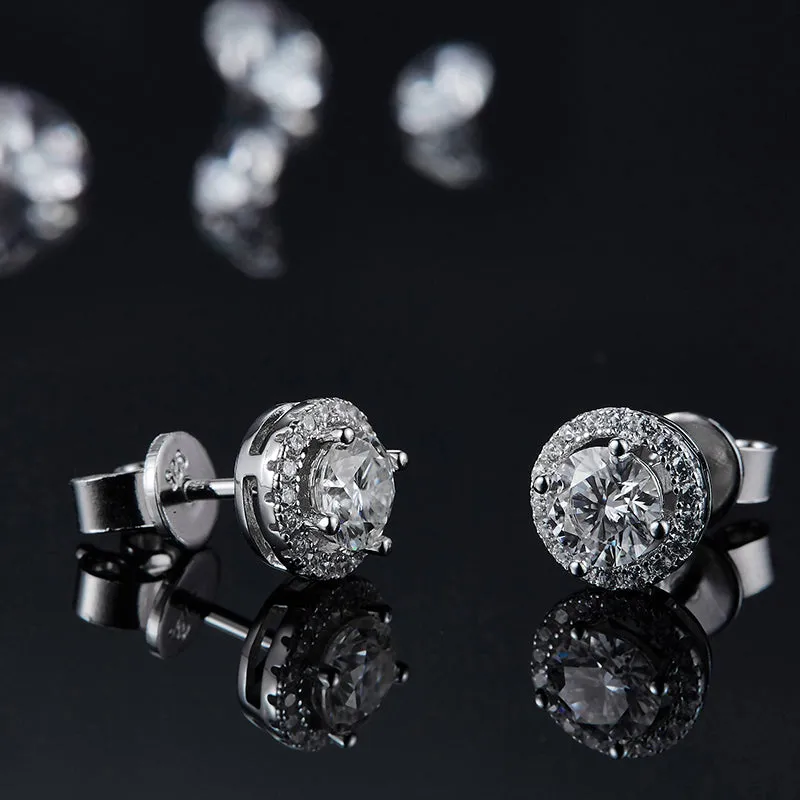 Halo Round 2ctw. Moissanite Stud Earrings and 2ct Moissanite Pendant Necklace Jewelry Sets