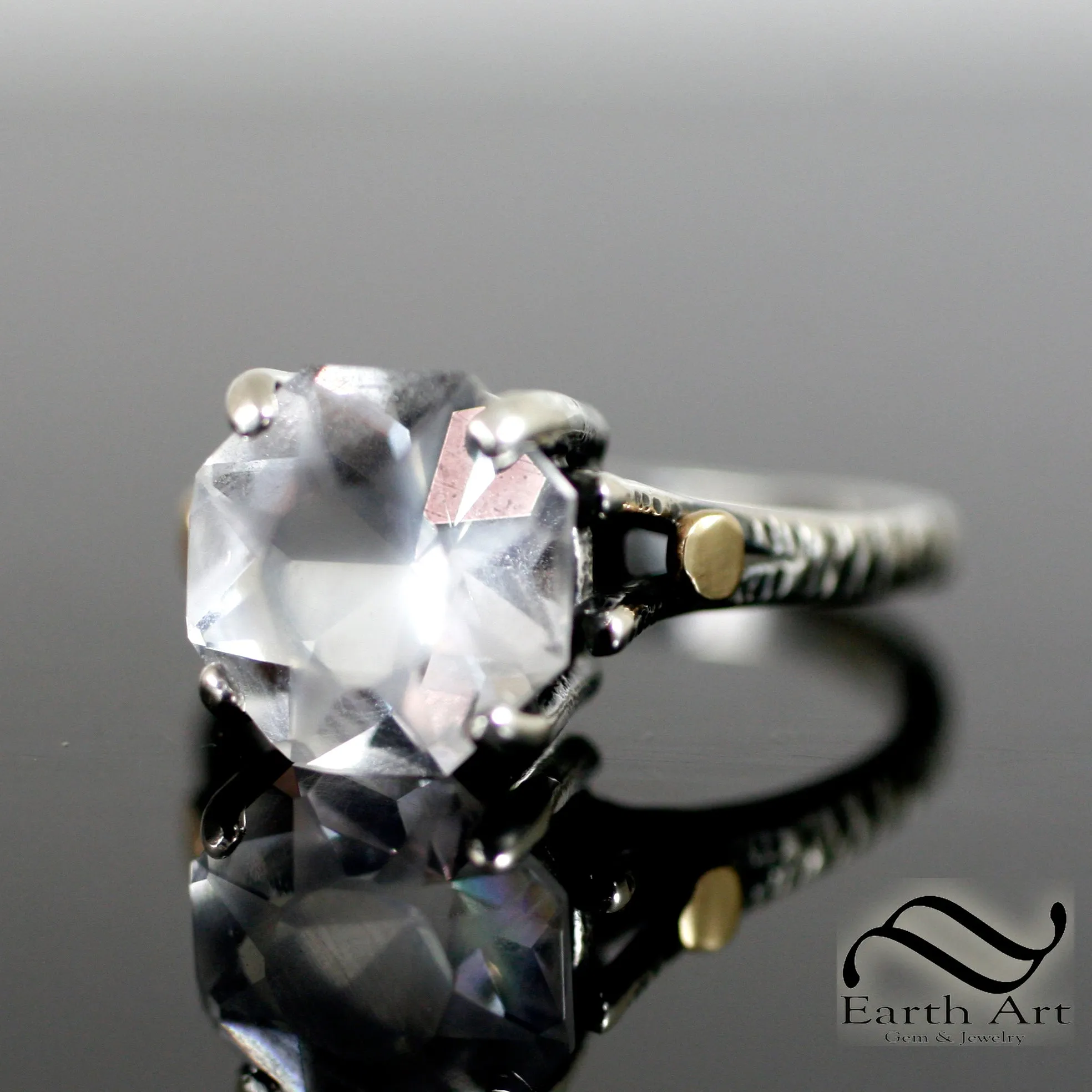 Hand Faceted Quartz Sunburst Ring in silver and gold