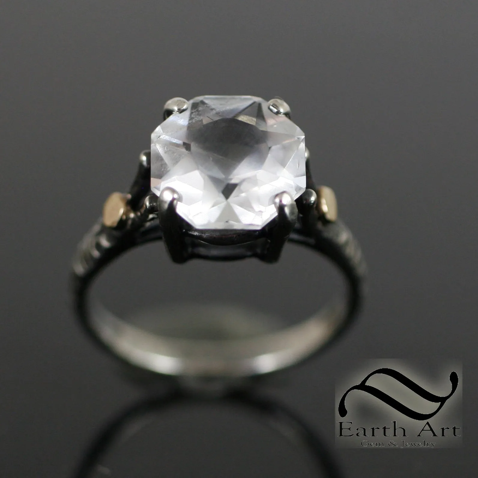 Hand Faceted Quartz Sunburst Ring in silver and gold