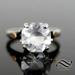Hand Faceted Quartz Sunburst Ring in silver and gold