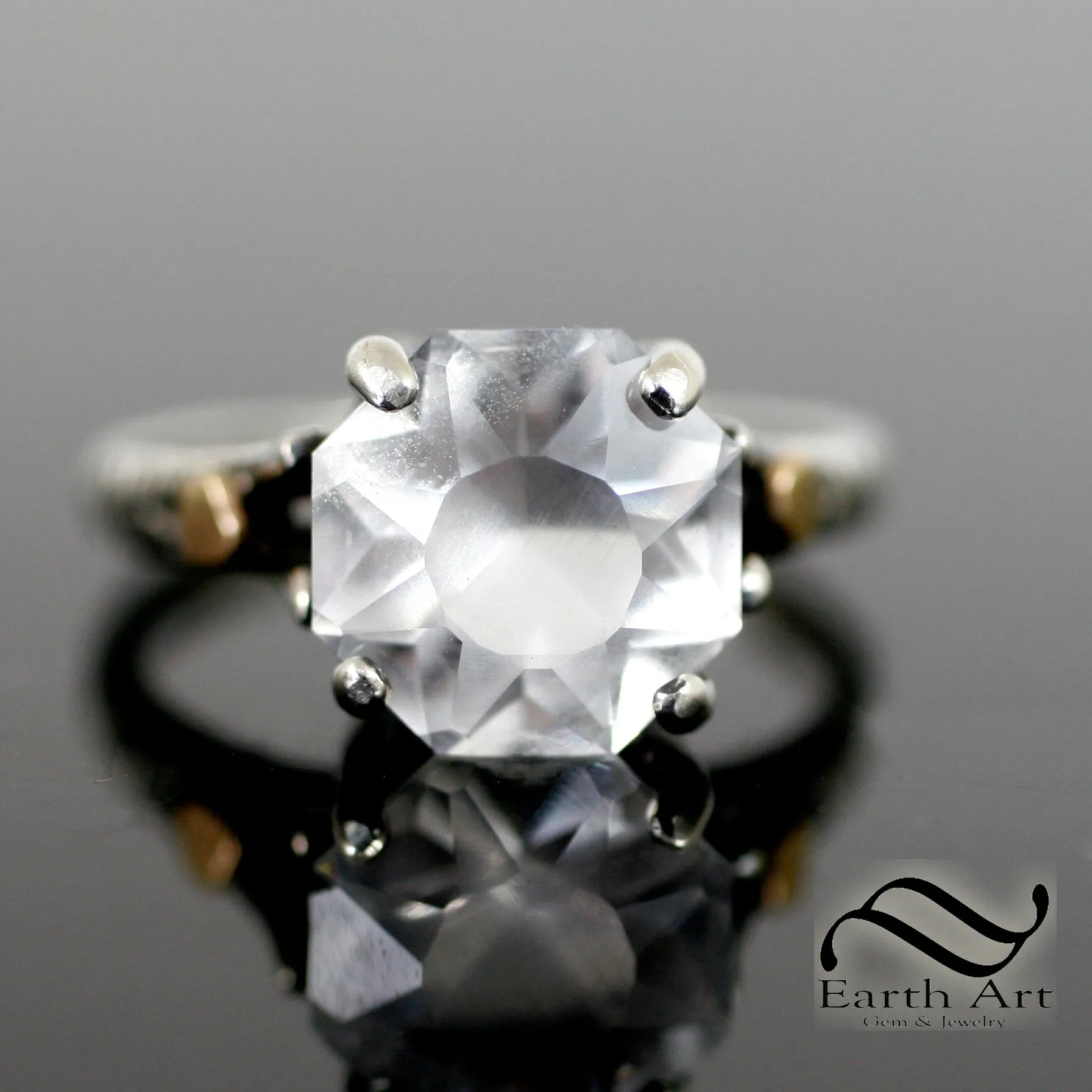 Hand Faceted Quartz Sunburst Ring in silver and gold