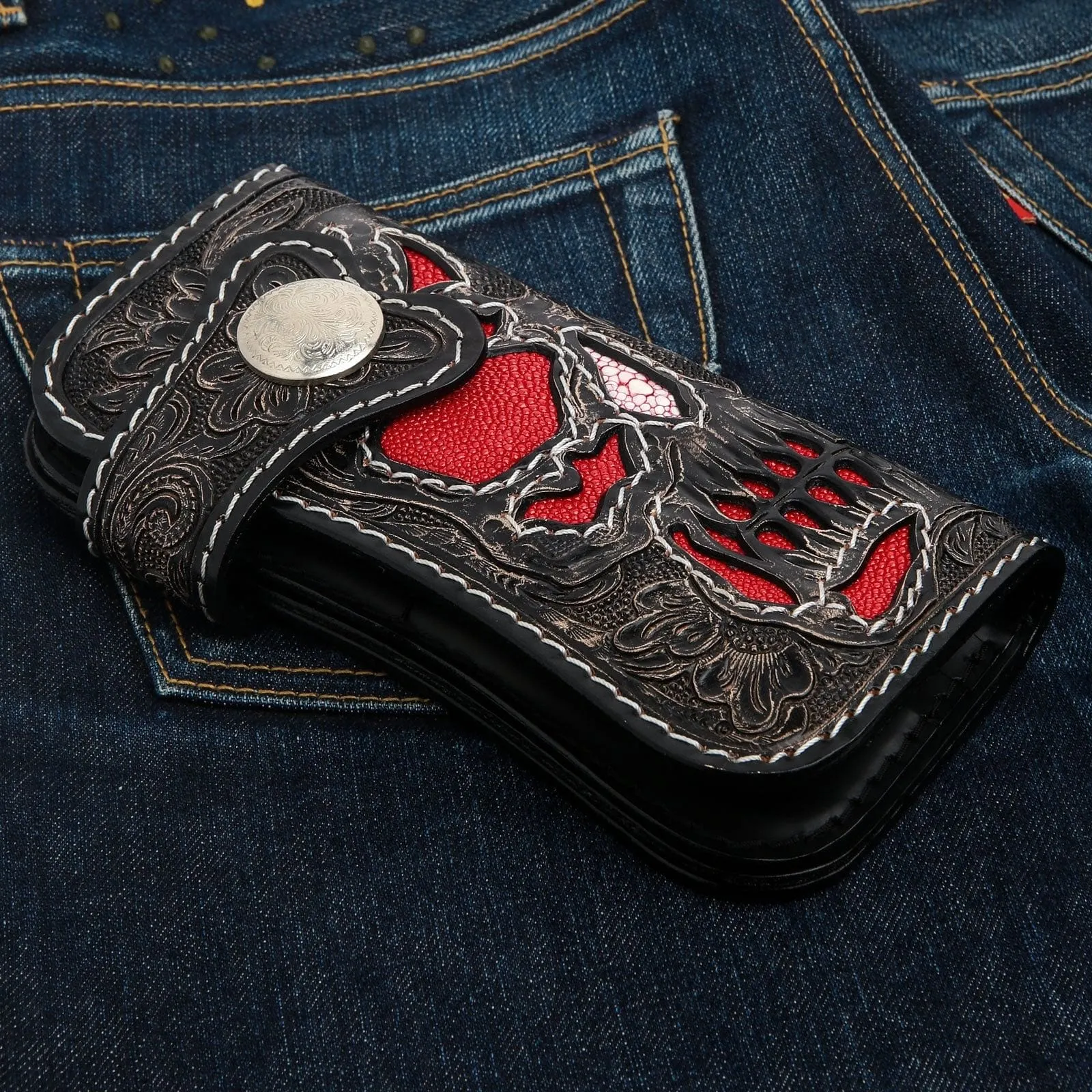 Hand Tooled Rider Skull Genuine Leather Custom Biker Wallet