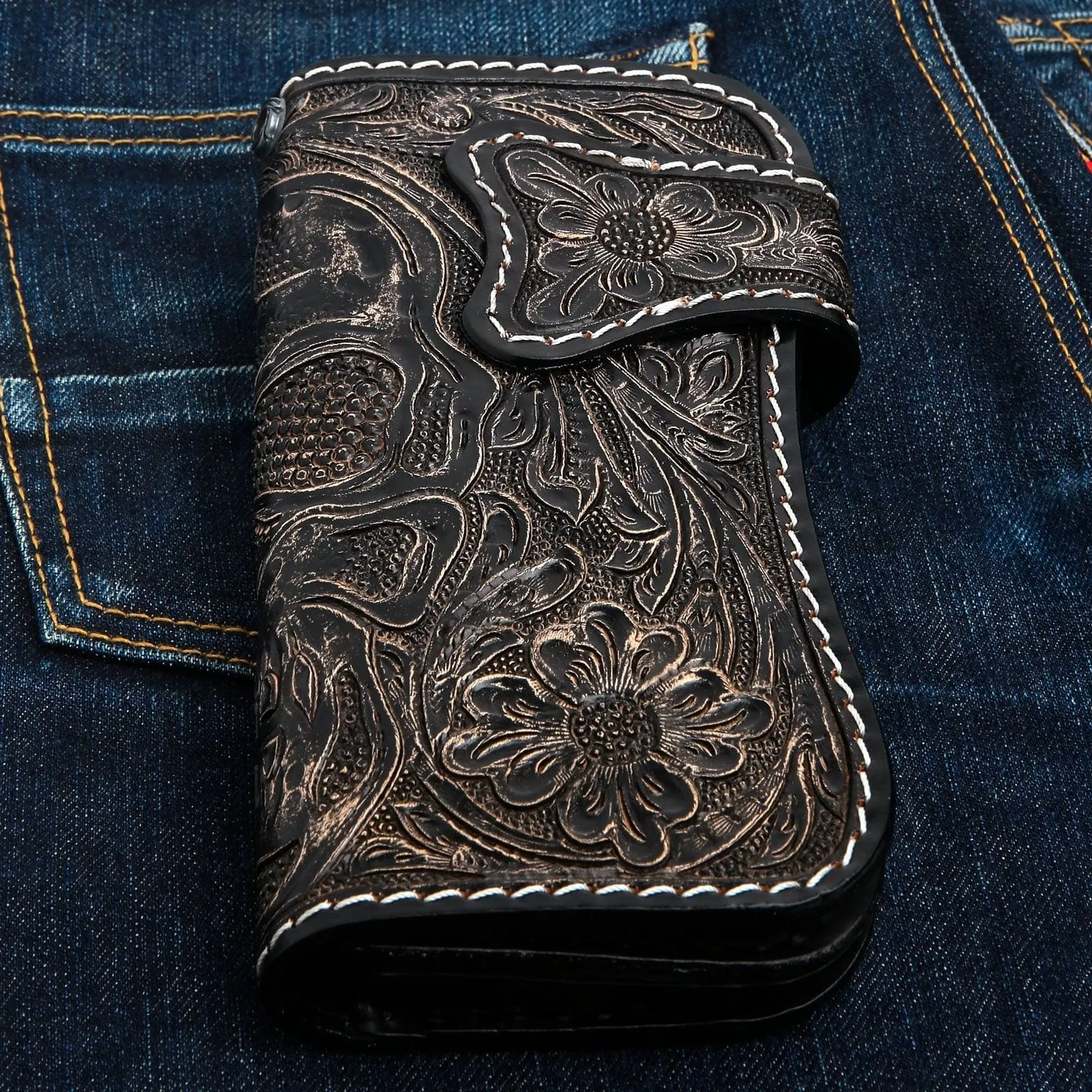 Hand Tooled Rider Skull Genuine Leather Custom Biker Wallet