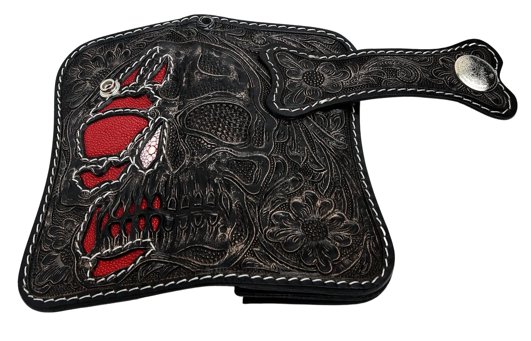Hand Tooled Rider Skull Genuine Leather Custom Biker Wallet