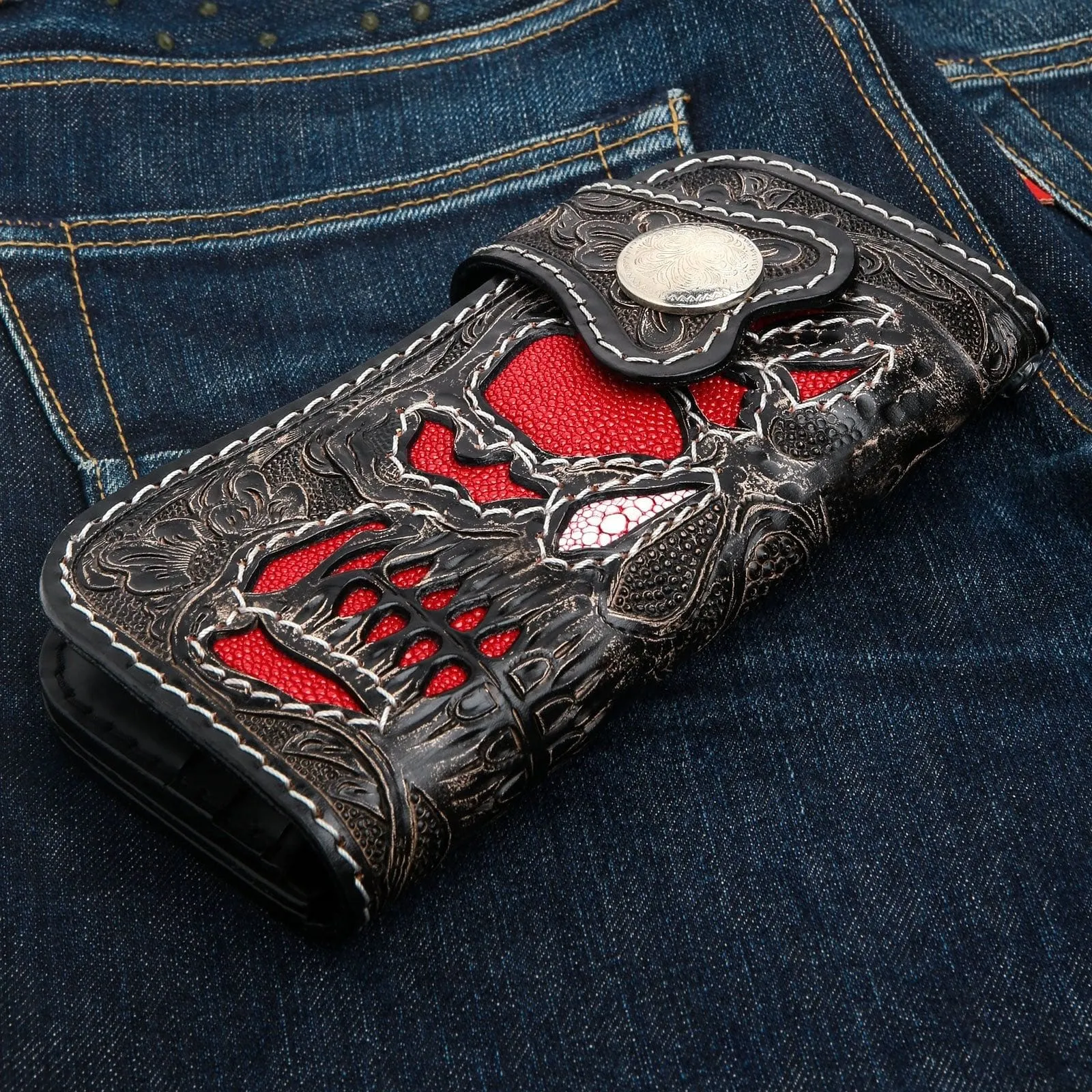 Hand Tooled Rider Skull Genuine Leather Custom Biker Wallet