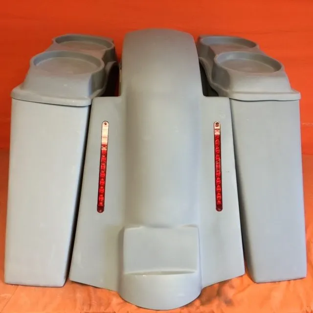 Harley Davidson 4" Extended Stretched Saddlebags   Dual 6.5" Speaker Lids & Replacement LED Fender 09 - 13 - No Cut Outs
