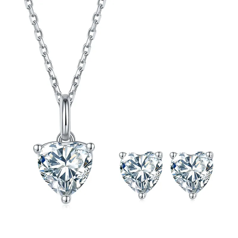 Heart Shaped 1.0CTW. Moissanite Stud Earrings & 1Ct Moissanite Pendant Necklace