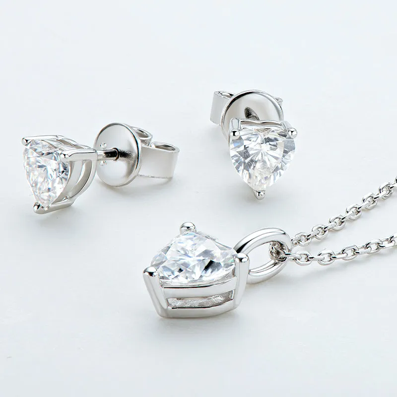 Heart Shaped 1.0CTW. Moissanite Stud Earrings & 1Ct Moissanite Pendant Necklace