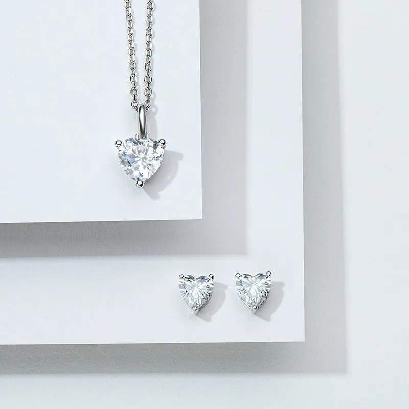 Heart Shaped 1.0CTW. Moissanite Stud Earrings & 1Ct Moissanite Pendant Necklace