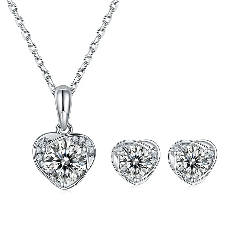 Heart Shaped 2.0Ctw. Round Moissanite Stud Earrings and 2ct Moissanite Pendant Necklace Jewelry Sets