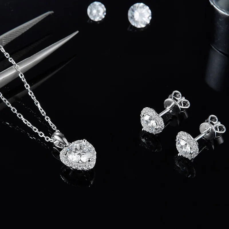Heart Shaped Halo 2.0Ctw. Round Moissanite Stud Earrings and 2ct Moissanite Pendant Necklace Jewelry Sets