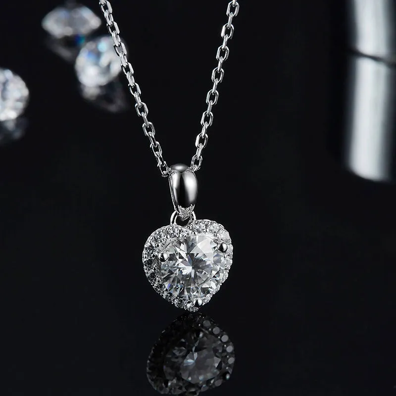 Heart Shaped Halo 2.0Ctw. Round Moissanite Stud Earrings and 2ct Moissanite Pendant Necklace Jewelry Sets