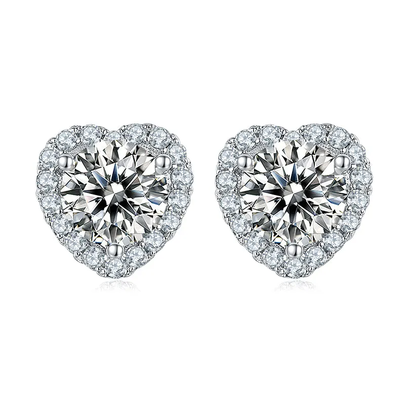 Heart Shaped Halo 2.0Ctw. Round Moissanite Stud Earrings and 2ct Moissanite Pendant Necklace Jewelry Sets