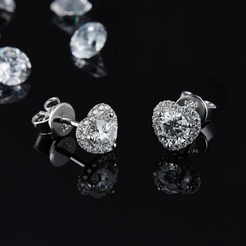 Heart Shaped Halo 2.0Ctw. Round Moissanite Stud Earrings and 2ct Moissanite Pendant Necklace Jewelry Sets