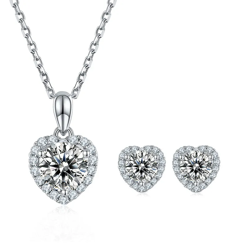 Heart Shaped Halo 2.0Ctw. Round Moissanite Stud Earrings and 2ct Moissanite Pendant Necklace Jewelry Sets