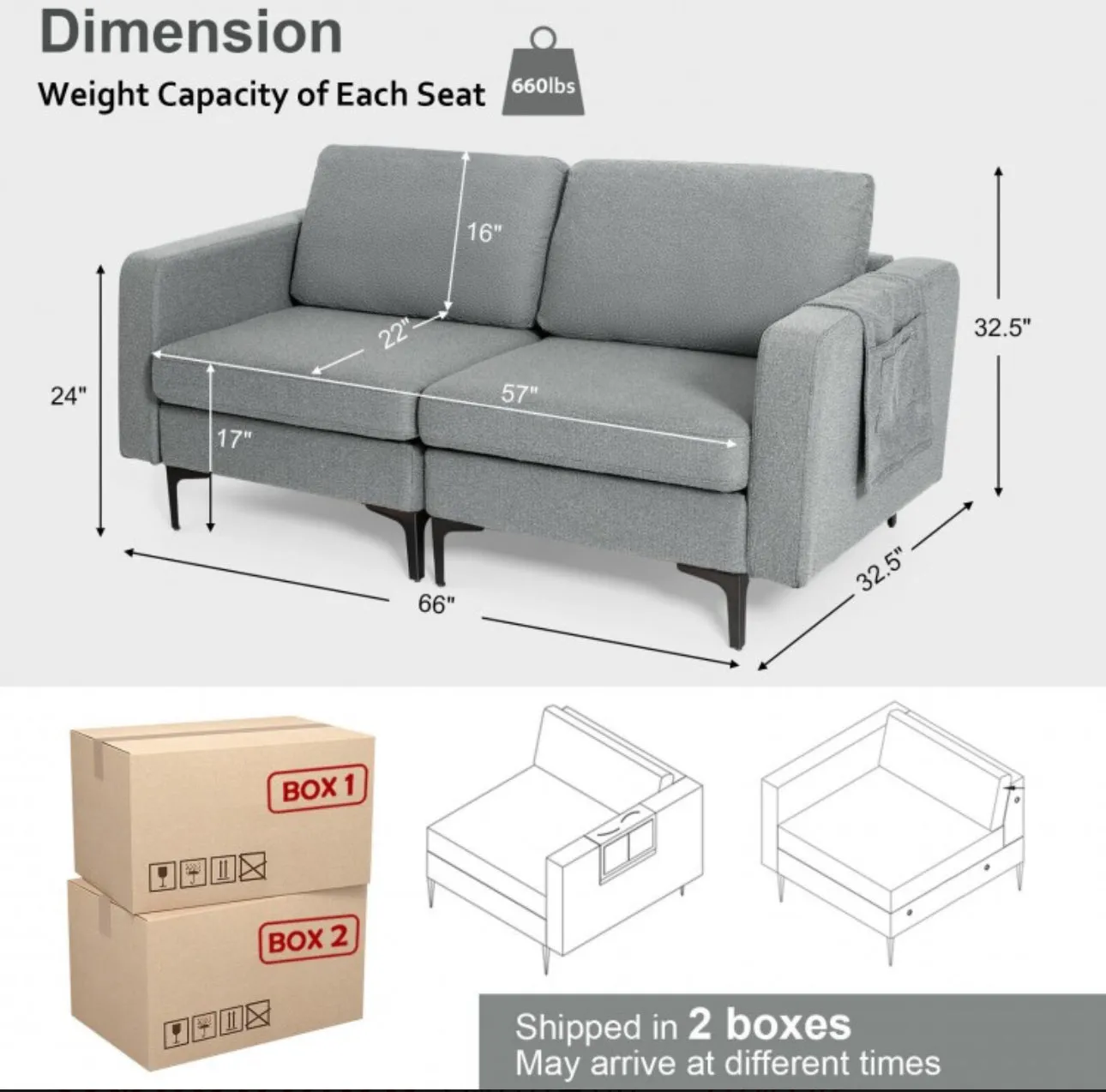 Heavy Duty Comfortable Modern Love Seat Sofa Couch With Side Storage Pocket | Thick Cushions | Wide Armrests