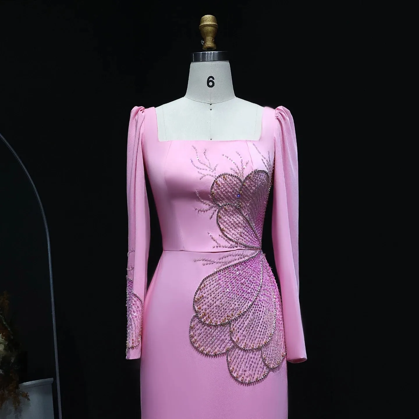 HELEN Luxury Pink Long Sleeves Beaded Evening Dress