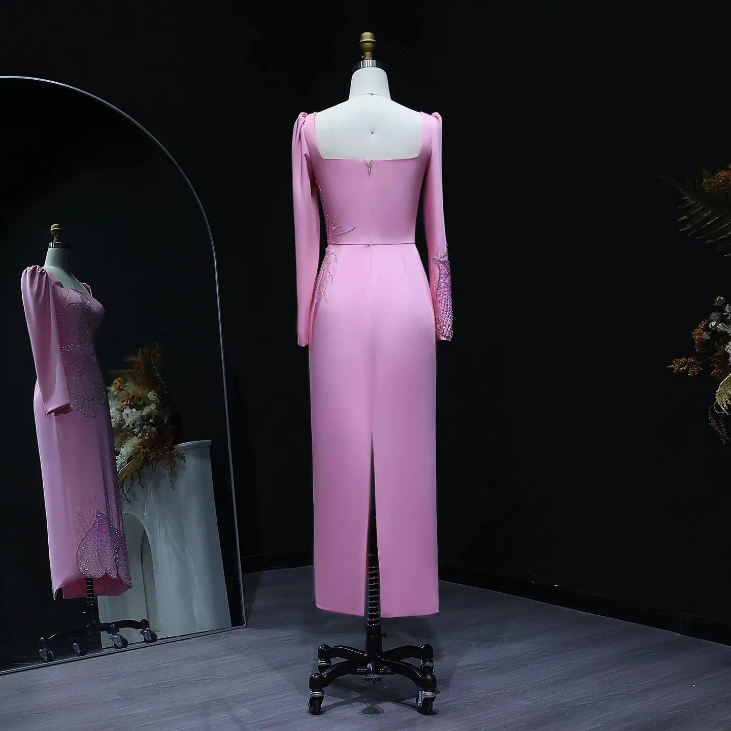 HELEN Luxury Pink Long Sleeves Beaded Evening Dress