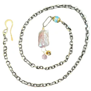 Her Blush Spoke a Thousand Words: pink mabe pearl, silver   gold necklace